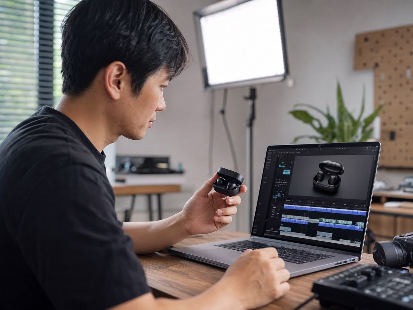 E-commerce creator using Gemini Omni AI video generator to create a demo video from a wireless earbuds product photo